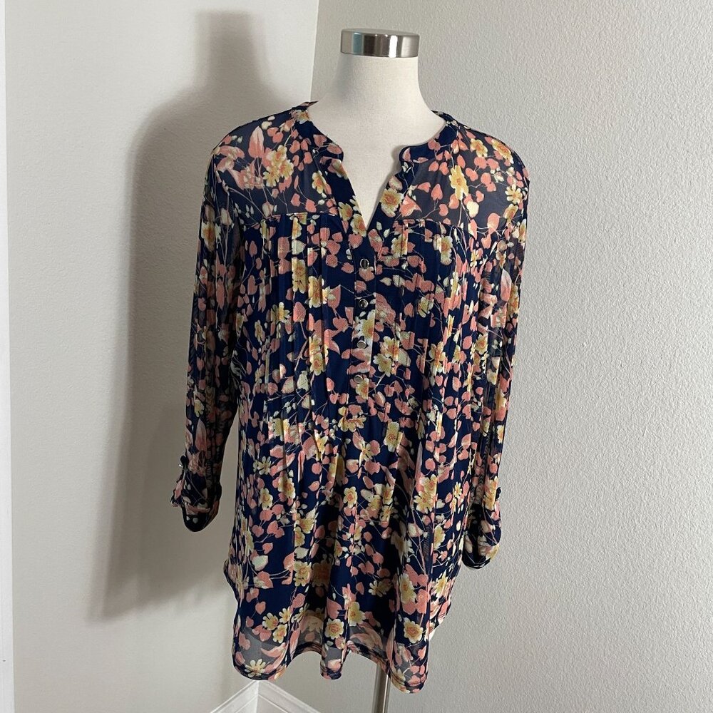 Cocomo Woman Plus 2X Floral Blouse Roll Tab Sleeve Tunic Top Stretch Mesh Shirt